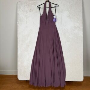 Speechless Mauve Pleated Halter Maxi Dress Deep V-Neck Prom Gown Size 3 NWT